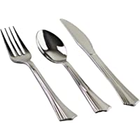 (150 piezas) Cuberteria de Plastico Duro Plateado – 50 Tenedores 50 Cuchillos 50 Cucharas – Cubiertos de Plastico…